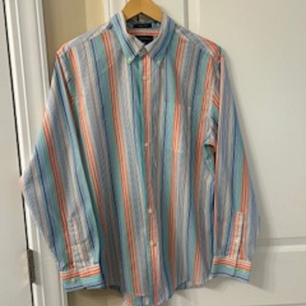 Men's Shirt Button Down Saddlebred L Multicolor Striped Long Sleeve